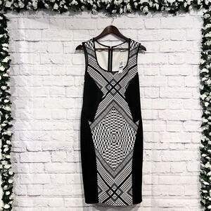 BAR III Size XL Sleeveless Bodycon Geometric Black White‎ Midi Dress Scoop Neck